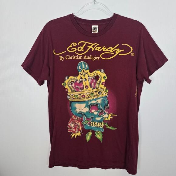 Ed Hardy Crowned Skull & Rose Graphic Tee Maroon Christian Audigier Y2K M - Picture 1 of 7